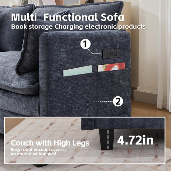 Opiesit Modular Sectional Sofa with Movable Ottoman, 110" 4-Seat Modern Couches for Living Room, Comfy L Shaped Couch Set with Deep Seat for Office and Apartment, Blue Chenille Fabric