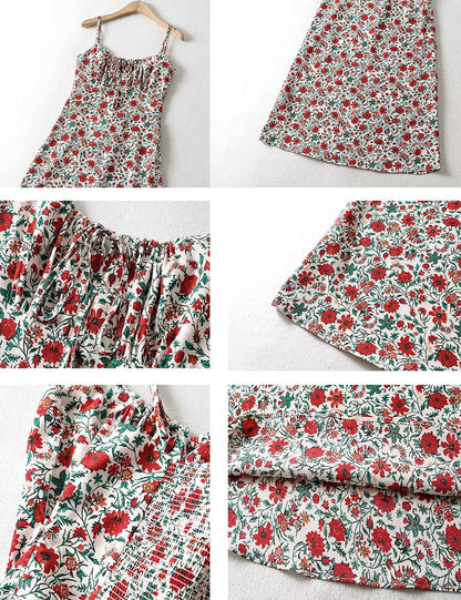 Omoone womens floral dress - low-cut square neck with spaghetti straps and tie detail