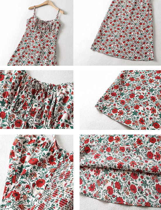 Omoone womens floral dress - low-cut square neck with spaghetti straps and tie detail