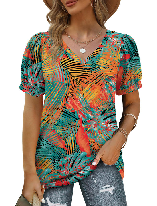 Geifa women's v neck puff short sleeve shirt - casual loose fit summer top