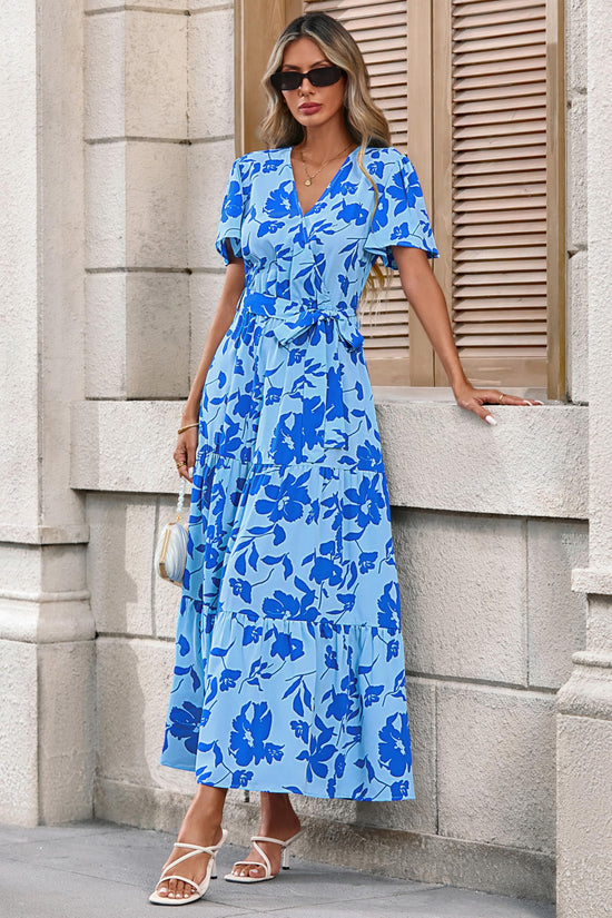Dress — Swiss dot maxi with wrap v neck and flutter sleeves by Mascomoda