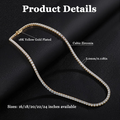 Gemsme necklace — 18K gold plated cubic zirconia tennis design for women 16-24 inches