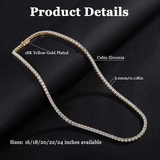 Gemsme necklace — 18K gold plated cubic zirconia tennis design for women 16-24 inches