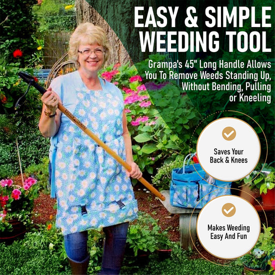 Grampa's weeder - Stand up weed puller tool with bamboo handle and steel head design