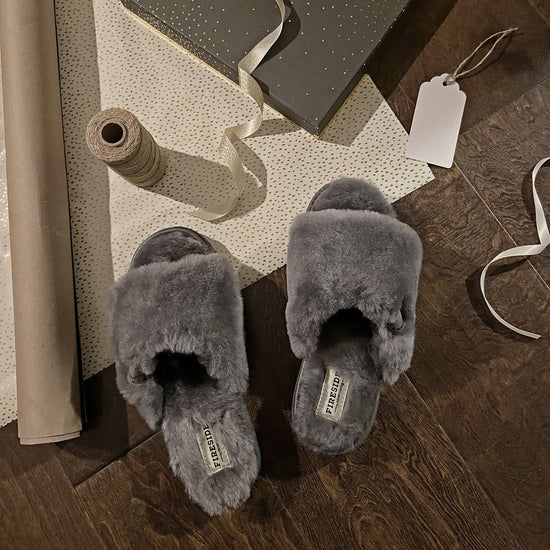 Dearfoams shearling slide slipper — easy on/off design
