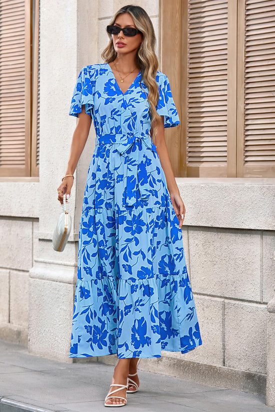 Dress — Swiss dot maxi with wrap v neck and flutter sleeves by Mascomoda