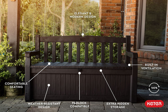 Keter Solana storage bench — 70 gallon capacity for patio furniture