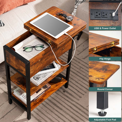 Yoobure end table with charging station - Flip top side table with USB ports and outlets
