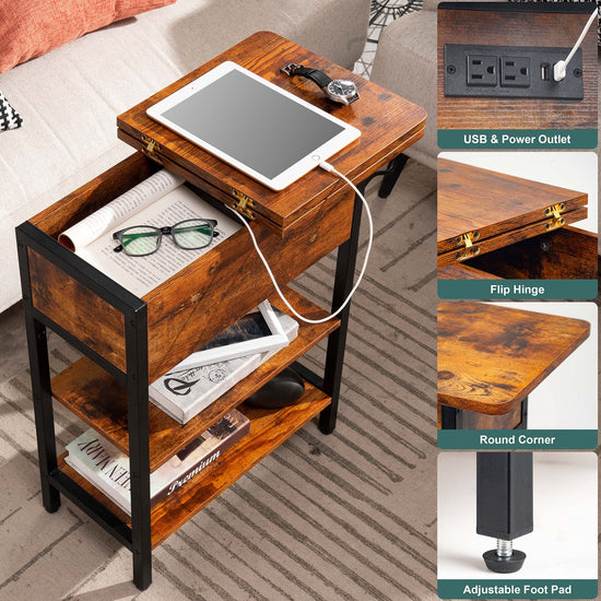 Yoobure end table with charging station - Flip top side table with USB ports and outlets