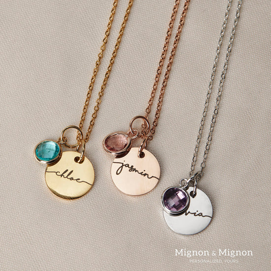 MignonandMignon personalized name necklace with birthstone - custom engraved gold pendant for women