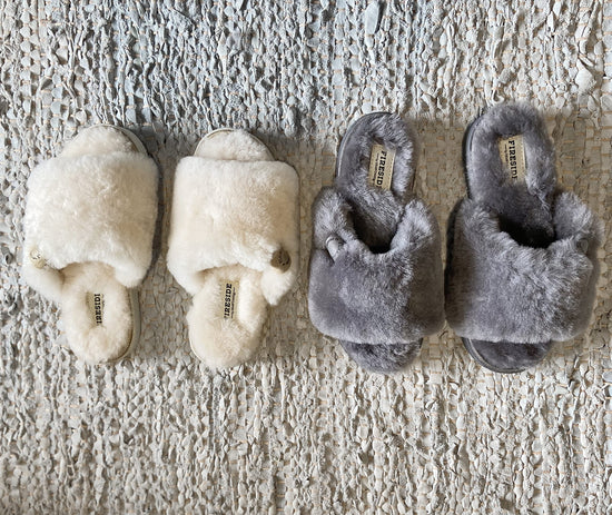 Dearfoams shearling slide slipper — easy on/off design