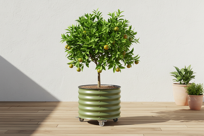 Olive green rolling planter with citrus tree on sunny patio