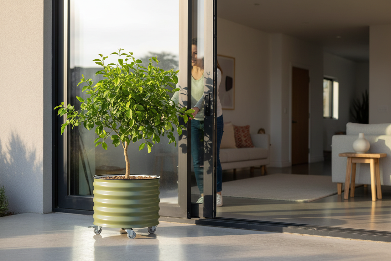 Rolling planter being moved indoors through glass door