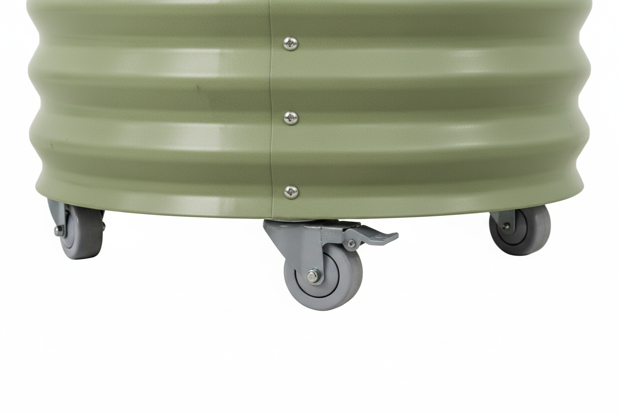Close-up of heavy-duty locking wheels on olive green metal planter