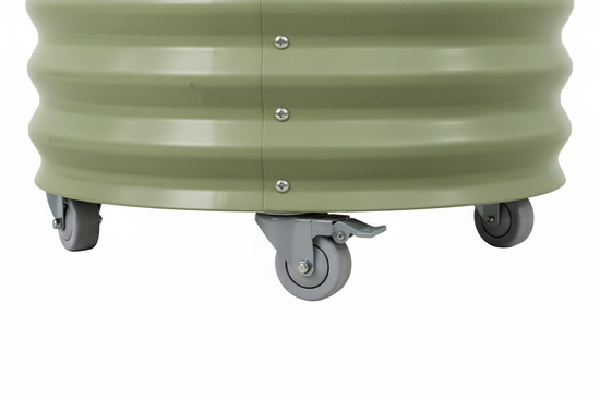 Close-up of heavy-duty locking wheels on olive green metal planter